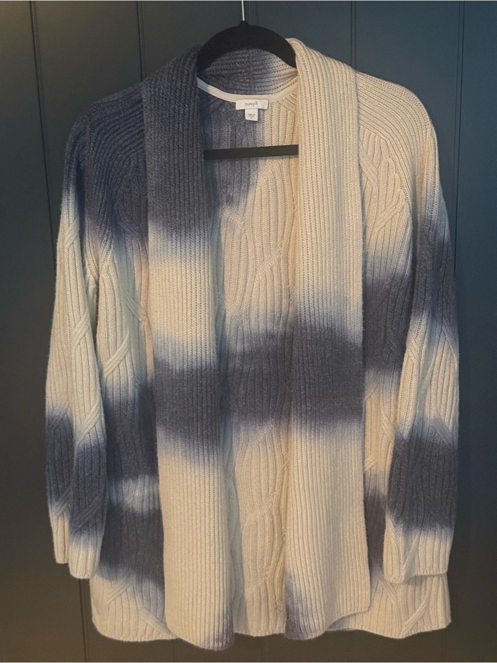 🖌️ Pure Jill Hand painted Shawl Cardigan Sweater Navy and Cream - Size L